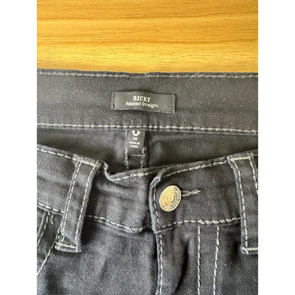 Y2K True Religion Ricky Relaxed Straight Black Grey Stitch Flap Jeans Sz 36